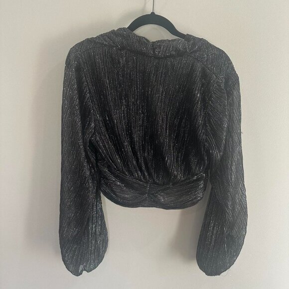NWT Zara black/ silver metallic long sleeve balloon sleeve top with twist fro - Picture 6 of 6